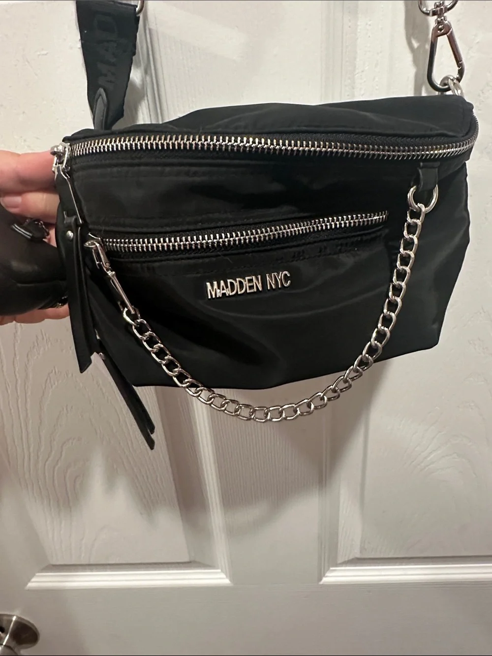Madden NYC Black Nylon Crossbody Bag with Chain